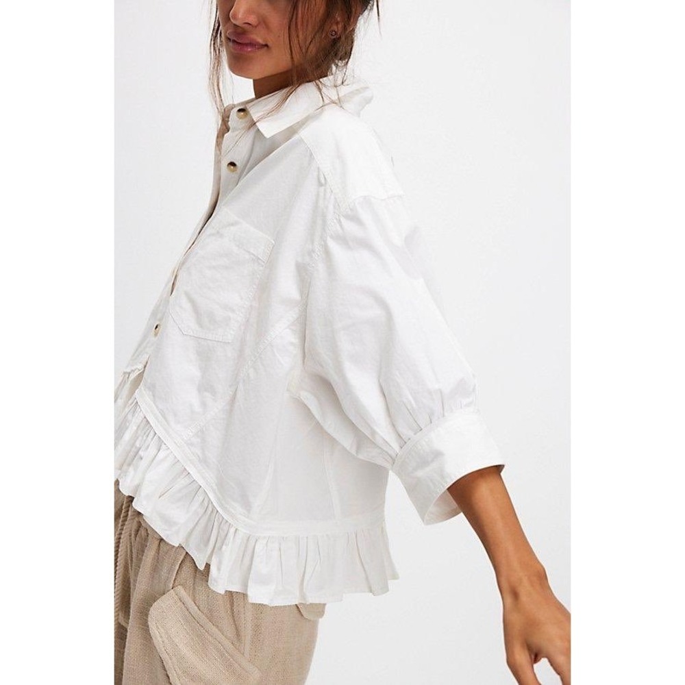 We The Free Bailey Shirt Women XS White Cotton Ruffle Hem Cropped OB2270386 - Picture 6 of 15